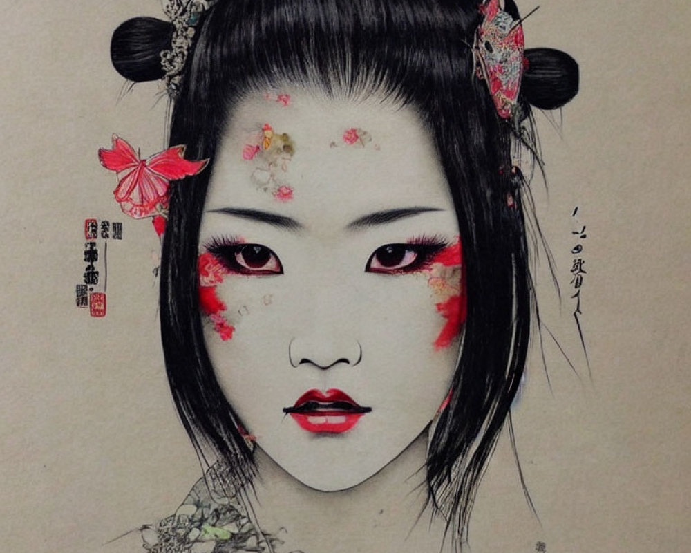 Traditional Japanese Geisha Hairstyle and Makeup with Floral Accents in Red and Pink Tones