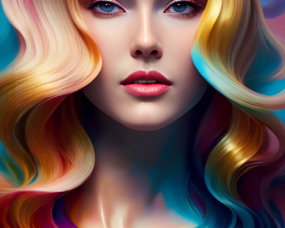 Vibrant digital portrait: woman with multicolored hair, blue eyes, red lips, blue