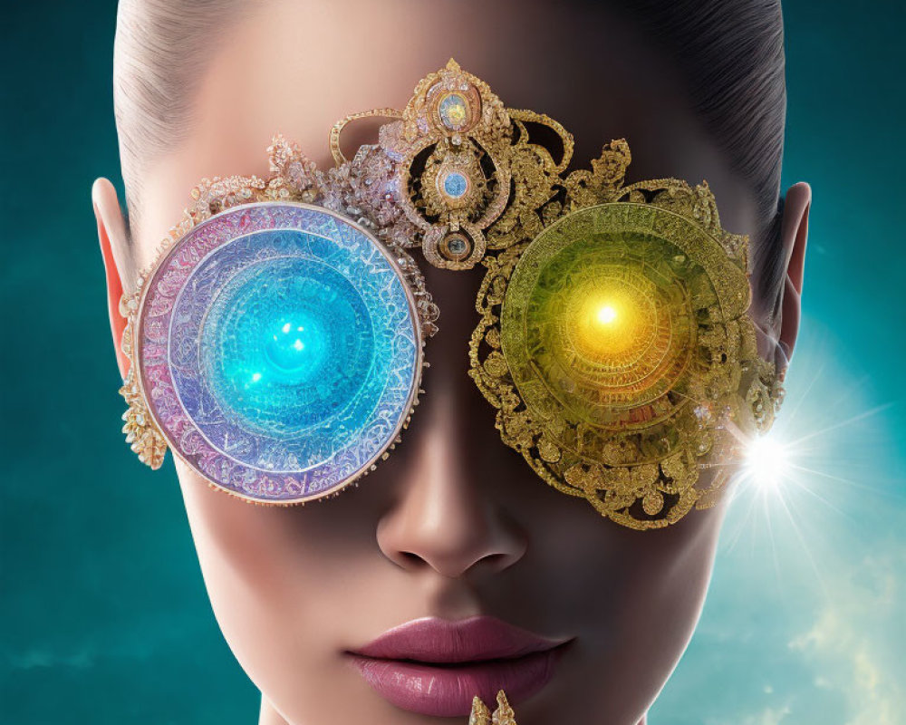 Woman wearing ornate mandala eye coverings emitting glowing lights - mystical and futuristic aesthetic