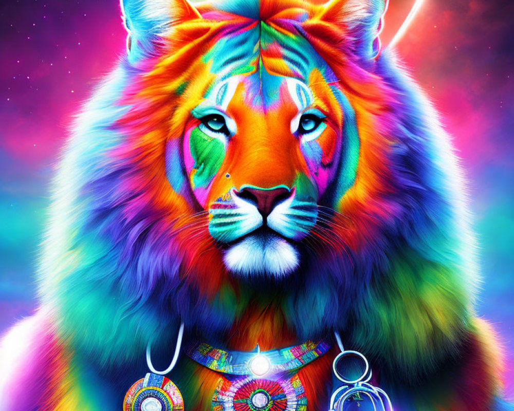 Multicolored lion with cosmic background and tribal necklaces