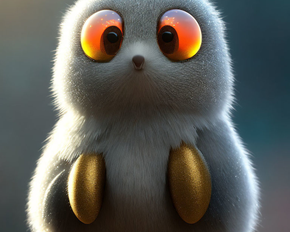 Fluffy creature with orange eyes and grey fur on golden feet