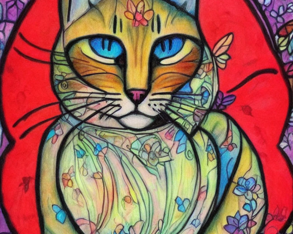 Vibrant Cat Illustration with Blue Eyes and Floral Patterns on Red Background