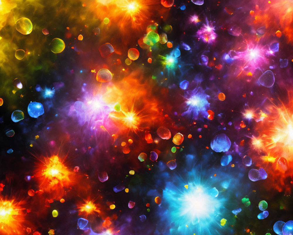 Colorful cosmic scene with nebulae, starbursts, and floating orbs in abstract space composition