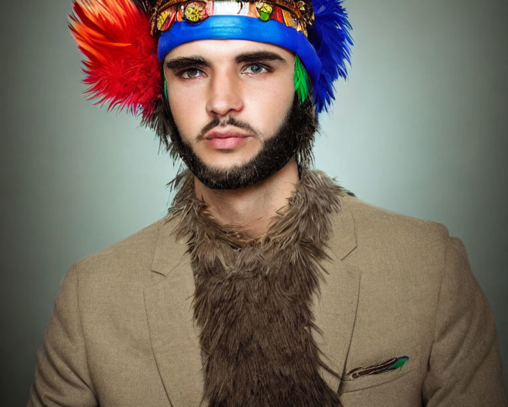 Bearded man in feather headdress and suit on grey background