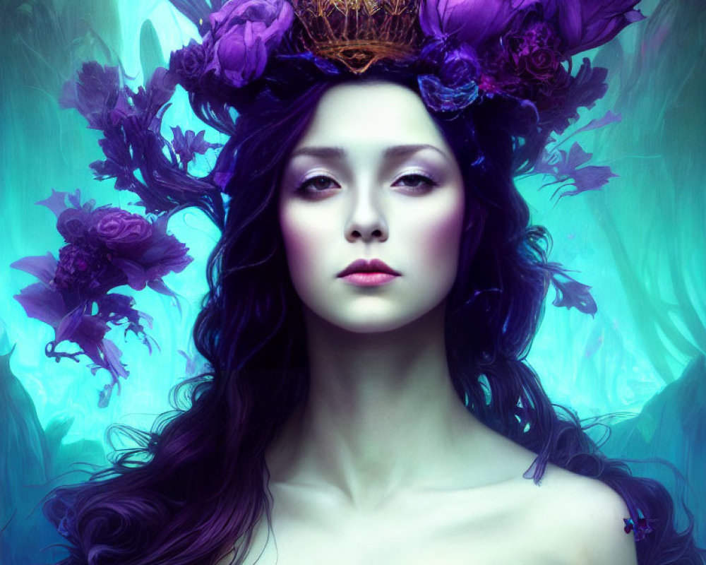 Purple-haired woman in floral crown against mystical blue backdrop