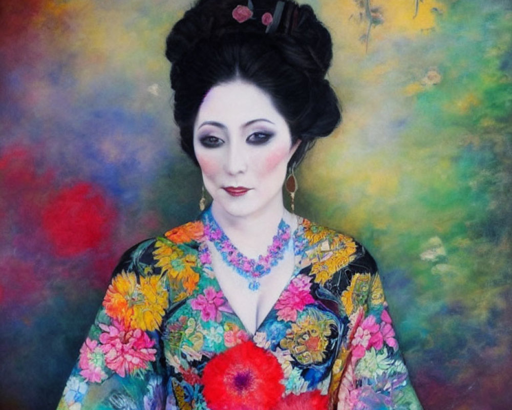 Traditional Asian Attire Woman Painting with Floral Pattern