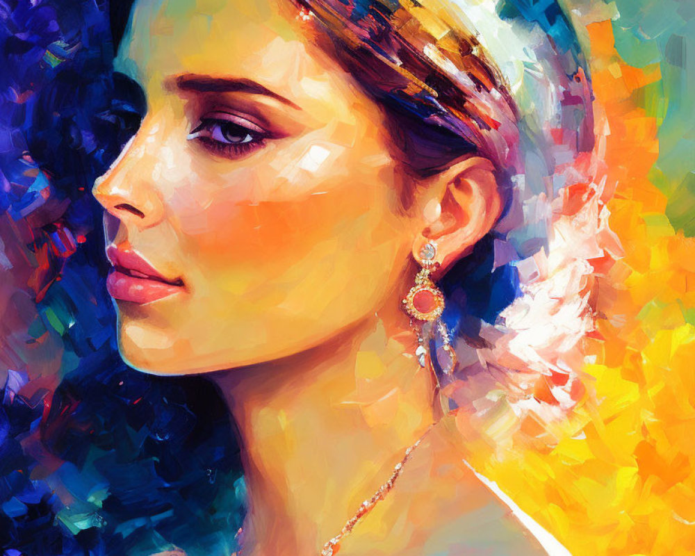 Colorful portrait of a woman with intense gaze and expressive brush strokes in blues, yellows, and