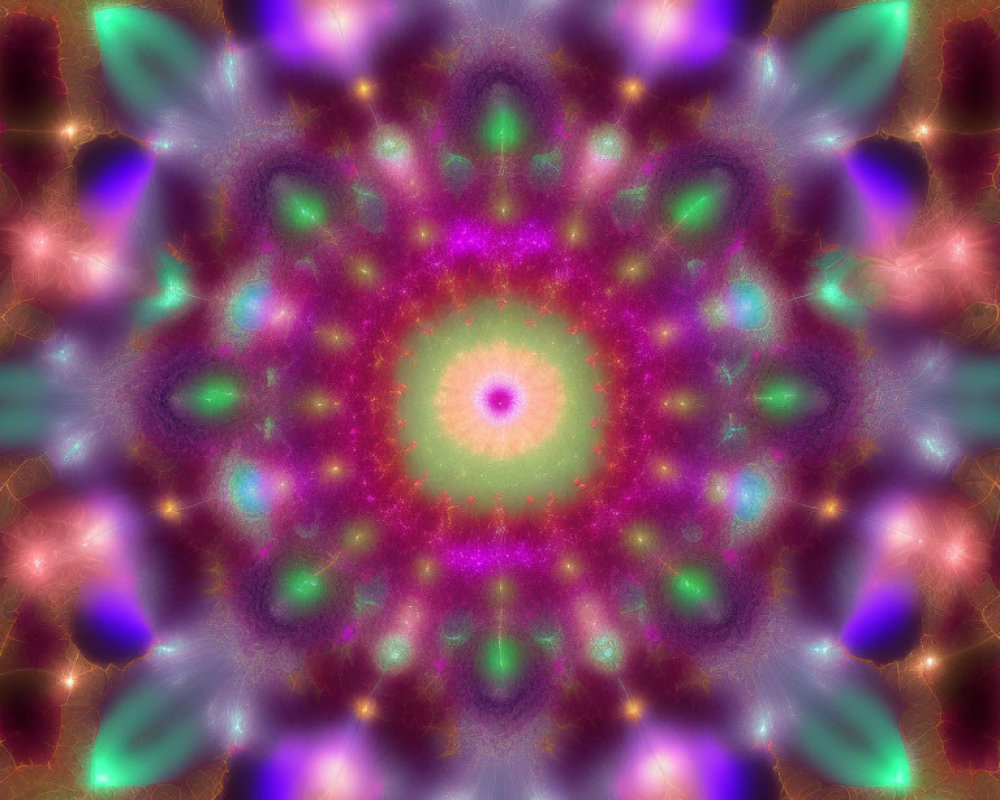 Symmetrical fractal pattern with pink and green eye, surrounded by kaleidoscopic shapes in purple