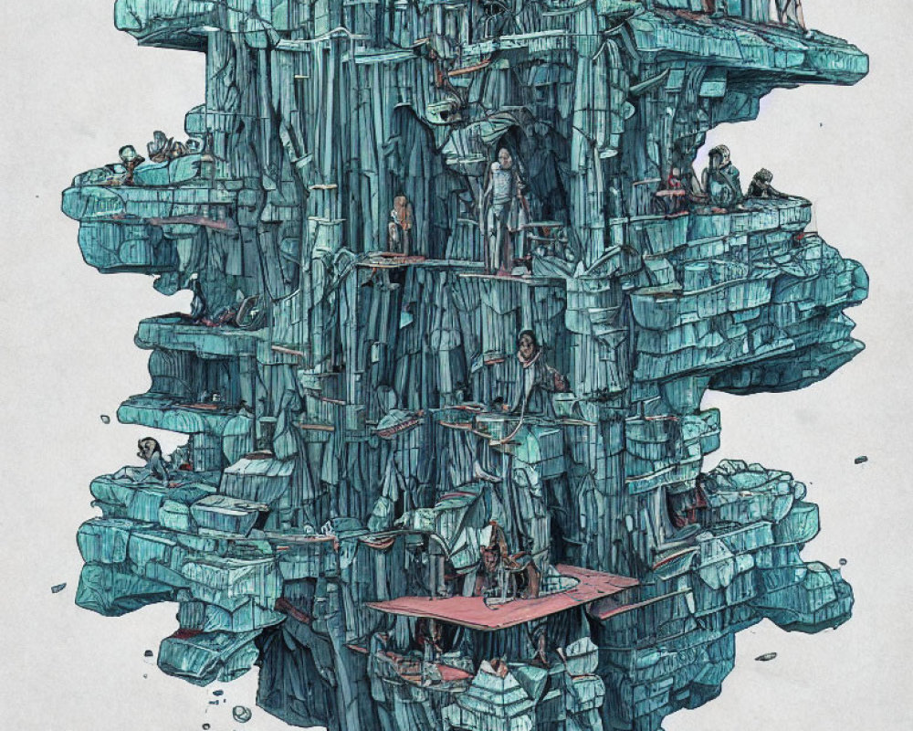 Detailed Vertical Cityscape Illustration with Blue Crystalline Structures and Occupied Levels