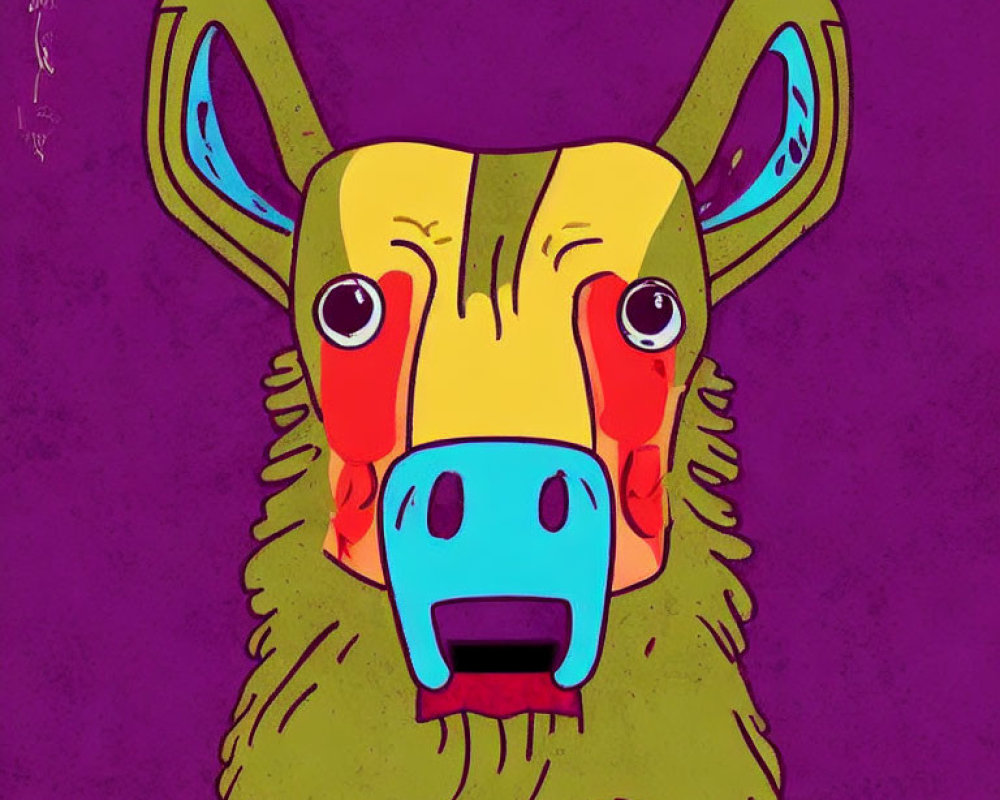 Vibrant creature illustration with yellow face, red cheeks, blue nose, and green ears on purple