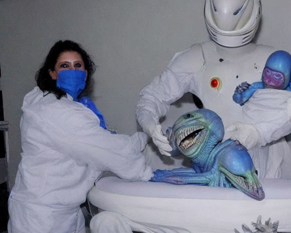 Person in Hazmat Suit with Alien Figures in Clinical Setting