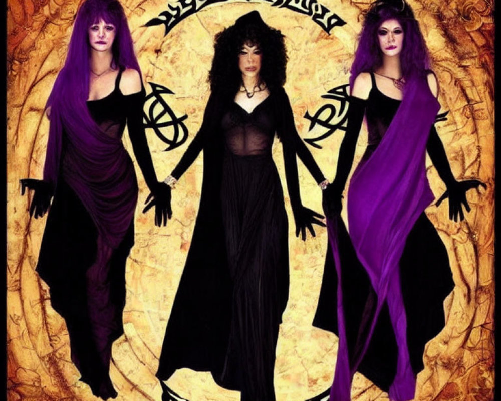 Three witches in purple attire against mystical backdrop