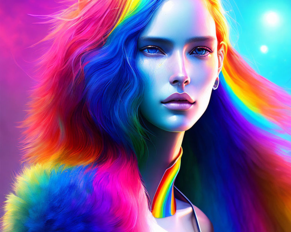 Colorful portrait of woman with multi-colored hair on rainbow background