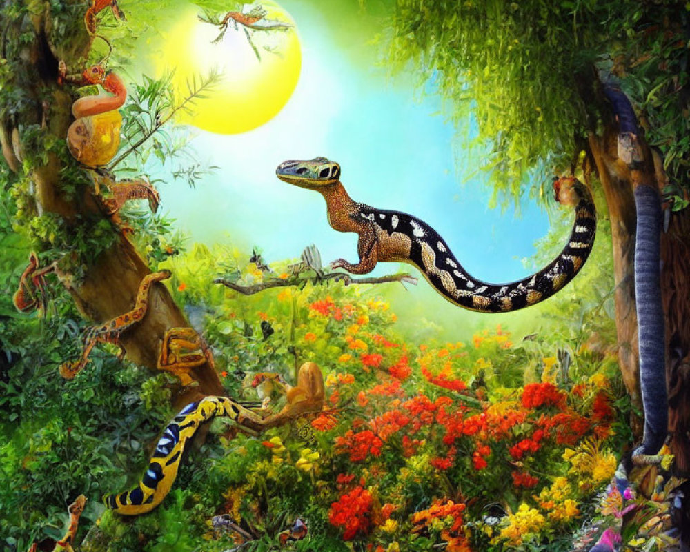 Colorful Jungle Scene with Snakes, Foliage, and Flowers