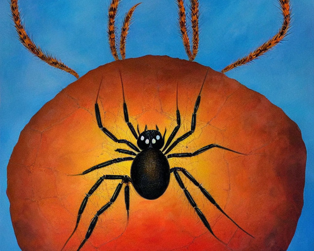 Large Black Spider with White Eyes on Orange Textured Background and Sky with Face Illusion