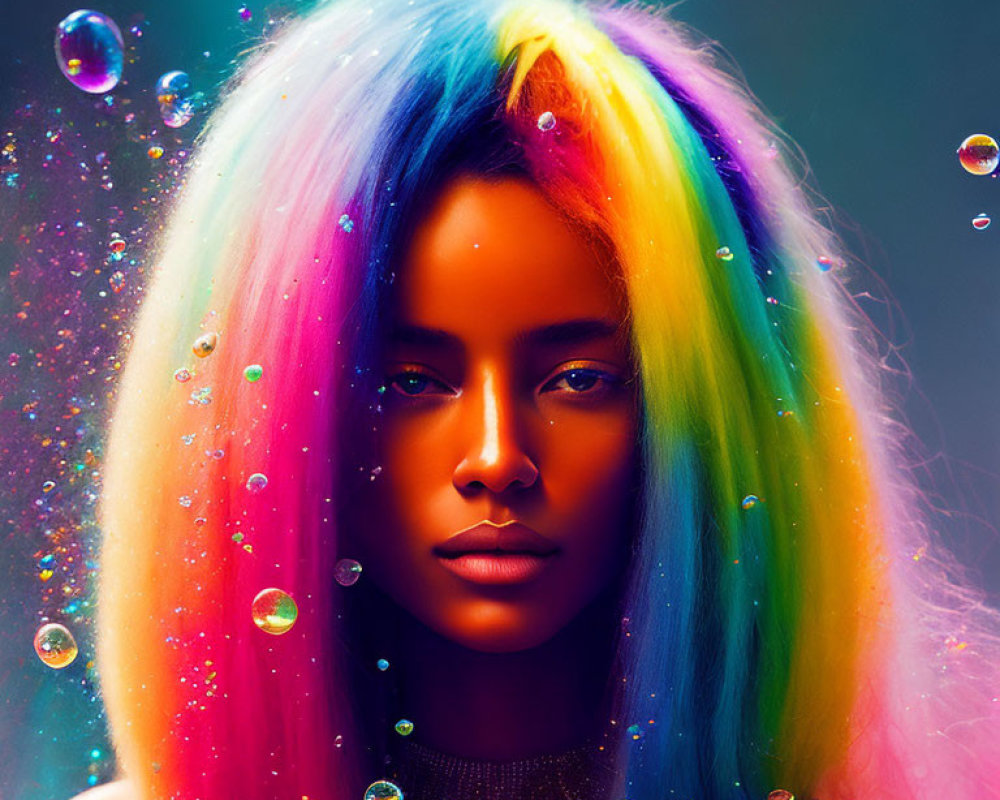 Rainbow-haired woman with choker necklace in iridescent bubble-filled scene