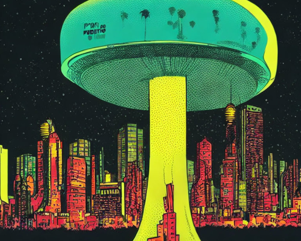 Vibrant futuristic cityscape with hovering saucer emitting yellow beam