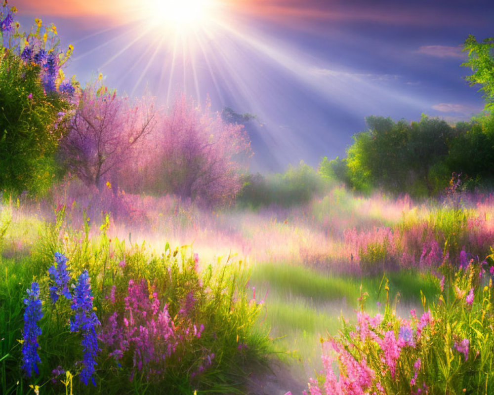 Misty Sunrise Over Vibrant Wildflowers and Green Foliage