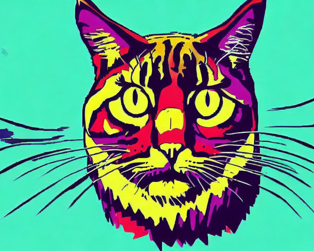 Colorful Psychedelic Cat Illustration in Neon Pink, Yellow, and Black