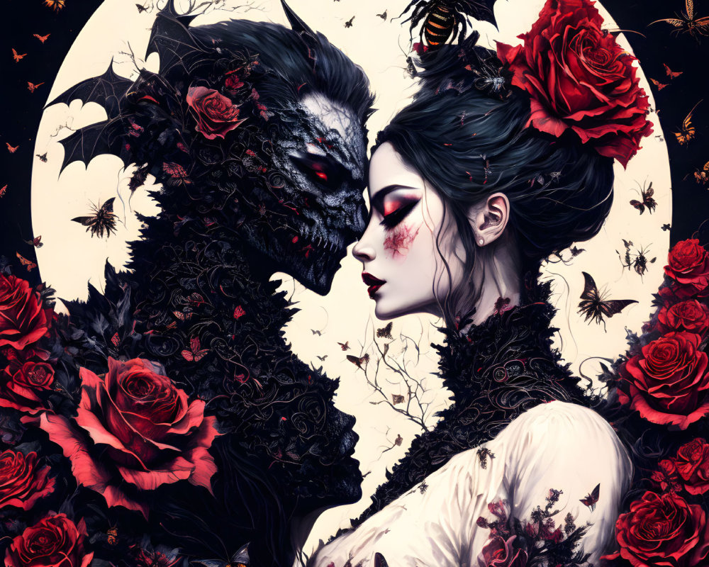 Gothic Artwork: Woman with Intricate Makeup and Wolf-like Creature among Roses and Bats