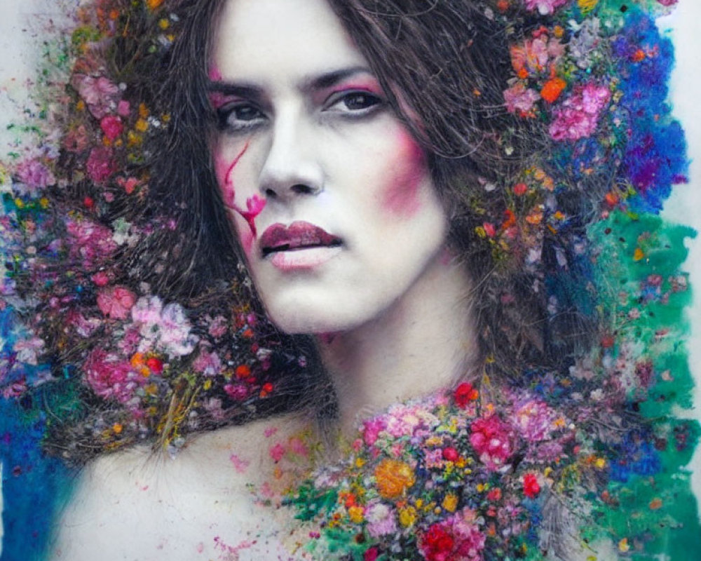 Intense gaze woman portrait with vibrant flower integration