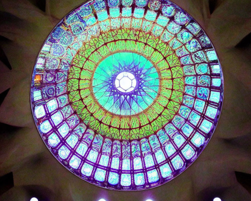 Circular stained glass window with geometric pattern and central motif casting colorful light in room with arched openings