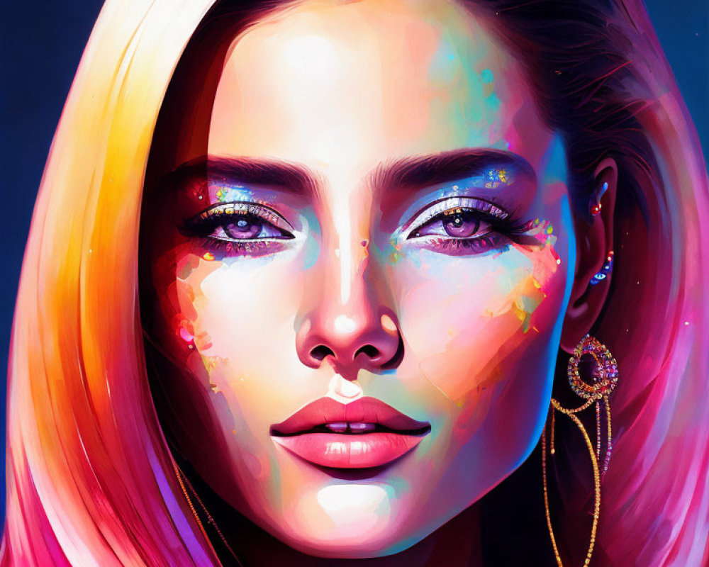 Colorful digital portrait of a woman with paint splatters and gradient hair