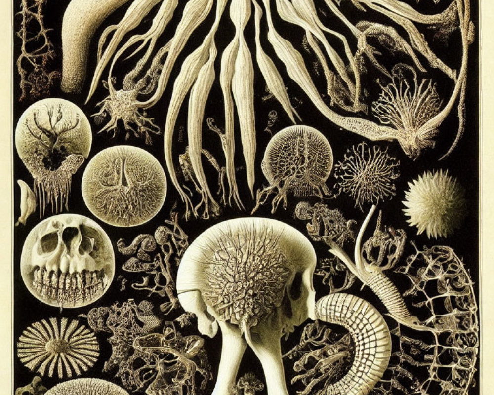 Detailed Marine Organisms Illustration: Jellyfish, Corals, Anemones on Black Background