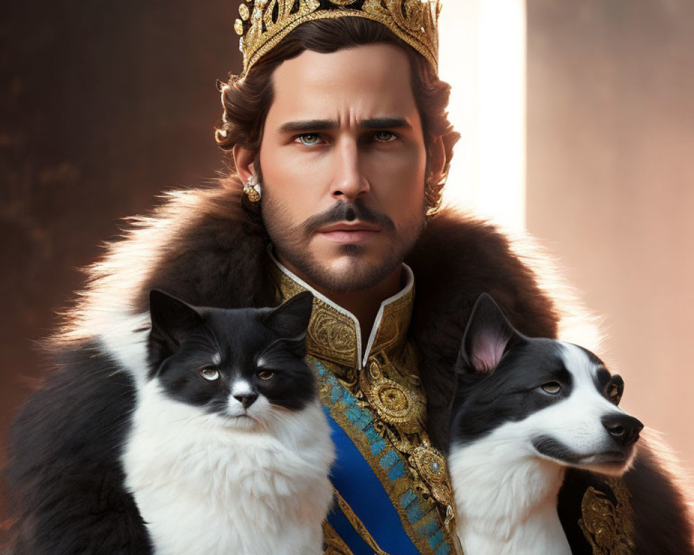 Regal man in golden crown with two fluffy cats on warm background