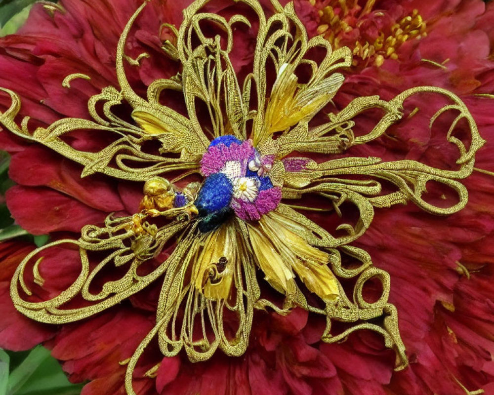 Red flower with golden lace embellishment and floral detail