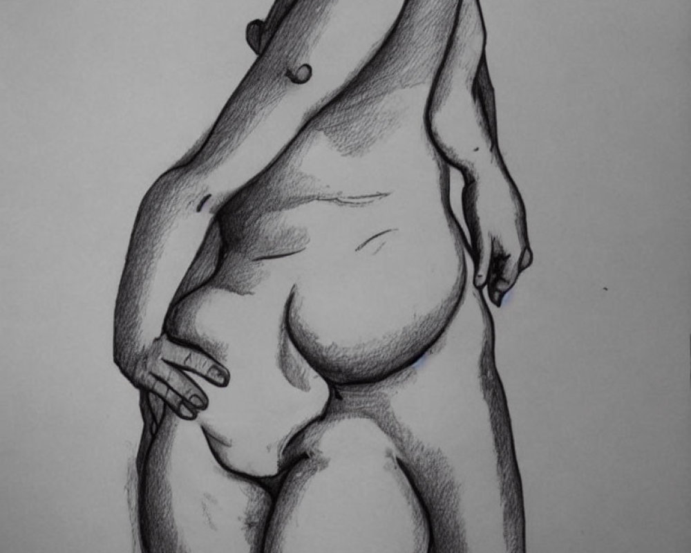 Detailed Pencil Sketch: Side View of Nude Female Figure with Hand on Hip, Emphasizing Cur