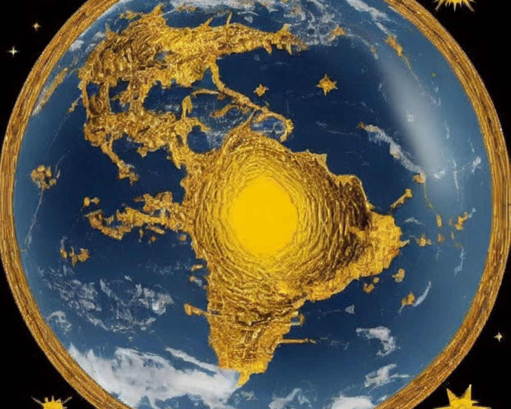 Circular Earth map with gold continents on blue ocean background and sun icons in gold border