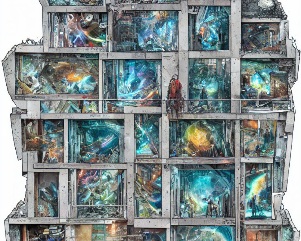 Detailed Multi-Story Structure Illustration with Sci-Fi and Fantasy Scenes