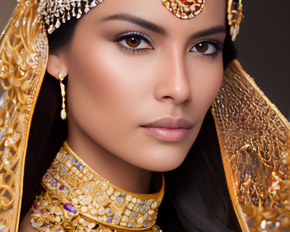 Intricate Gold Jewelry Adorns Woman Against Warm Brown Background