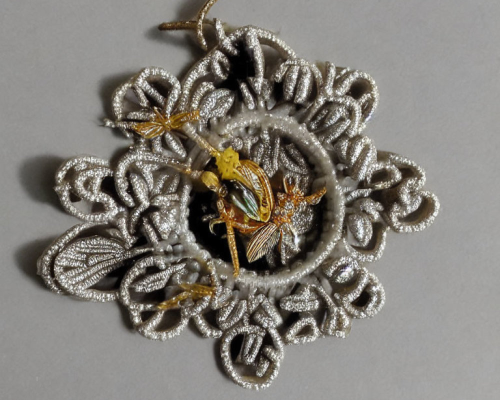 Floral Lace Design Brooch with Golden Bee Motif