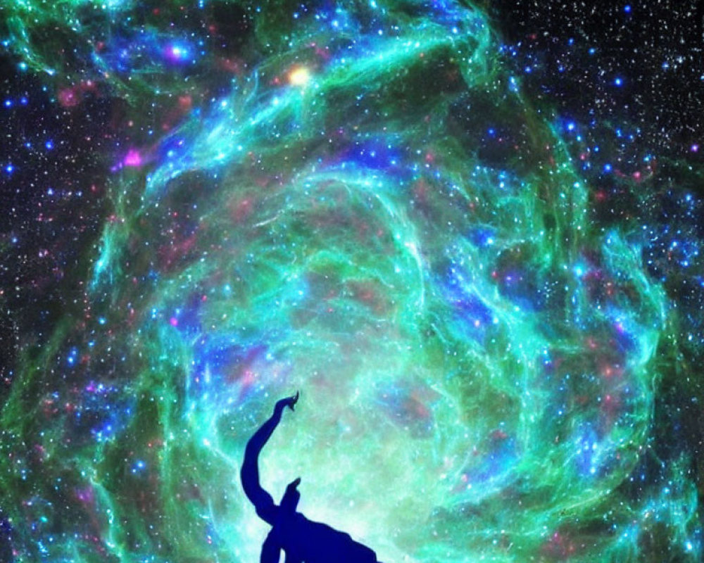 Silhouette dancing before vibrant nebula in space