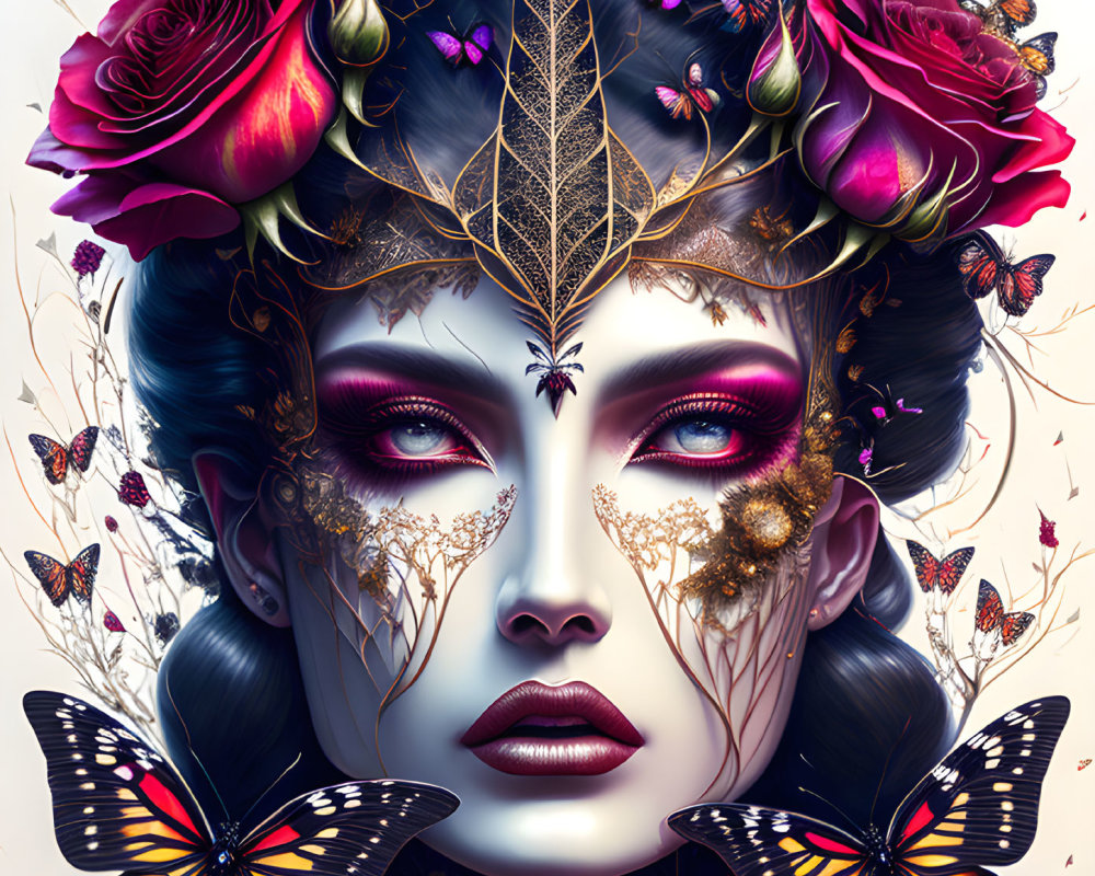 Stylized portrait of woman with flower crown and butterflies in vibrant purple hues