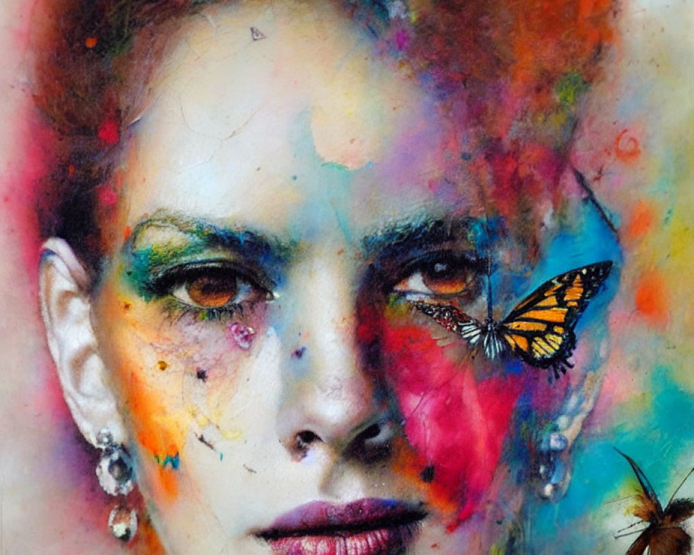 Colorful portrait of woman with tear, paint splashes, butterfly, and spider.