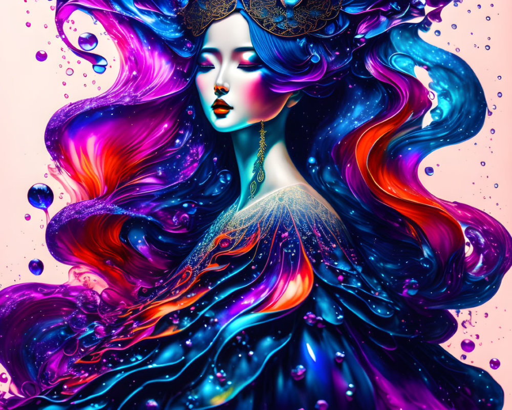 Colorful woman with swirling hair and headpiece on vibrant background