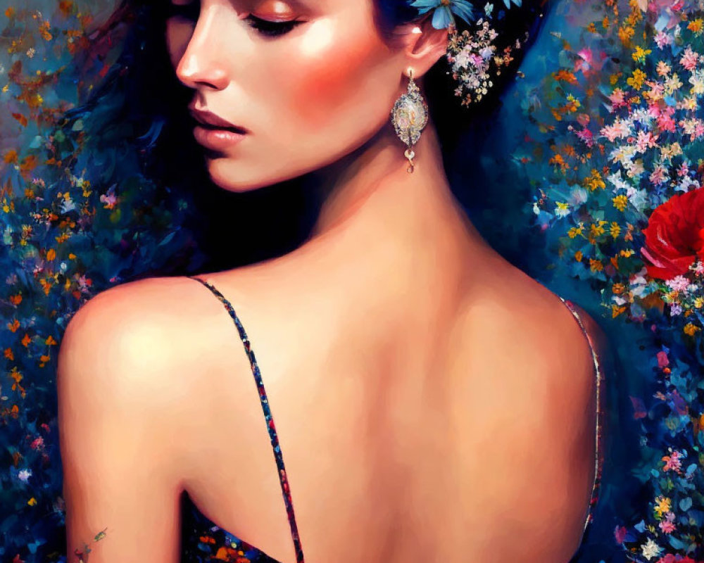 Colorful Impressionistic Flowers Surround Woman with Jeweled Accessories