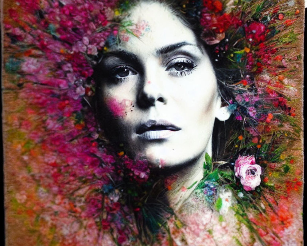 Colorful floral and paint splatter effects frame a woman's monochromatic face