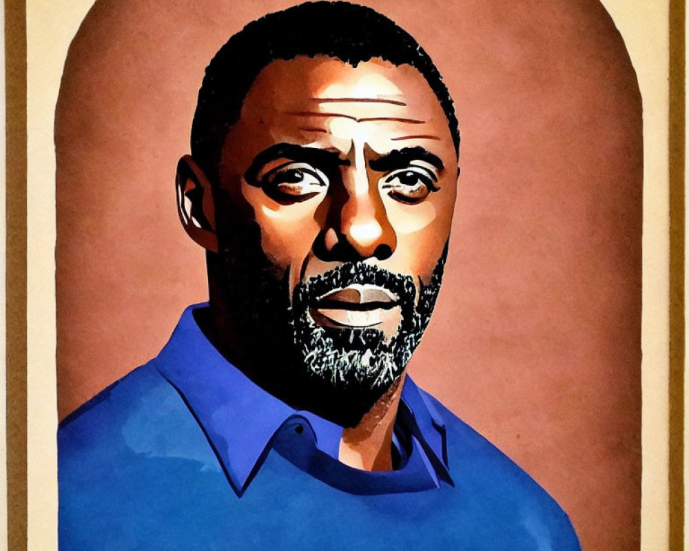 Stylized portrait of a bearded man in a blue shirt on sepia background