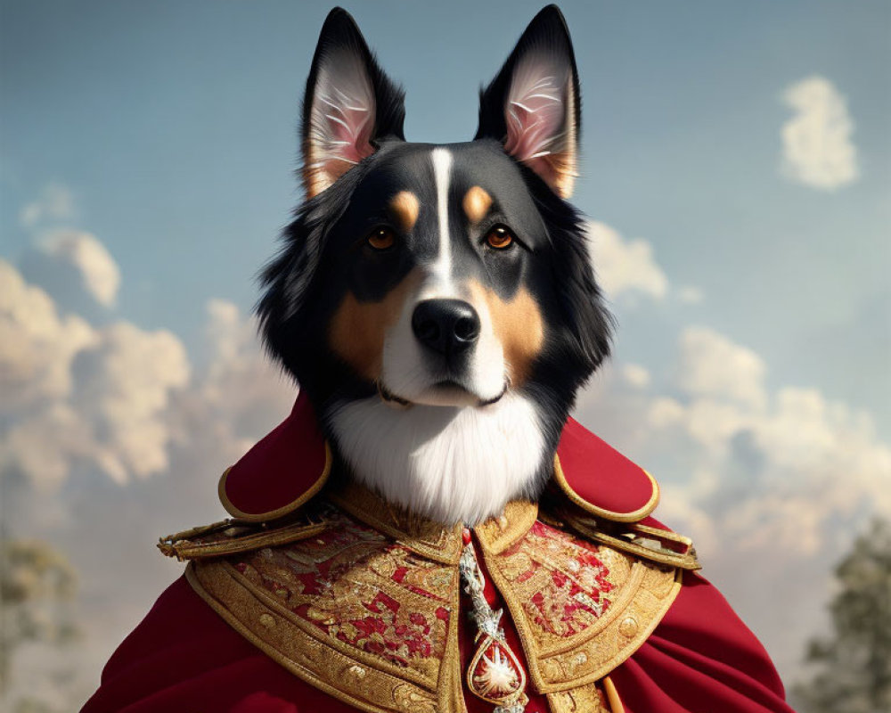 Dog in Royal Red Cloak Against Cloudy Sky