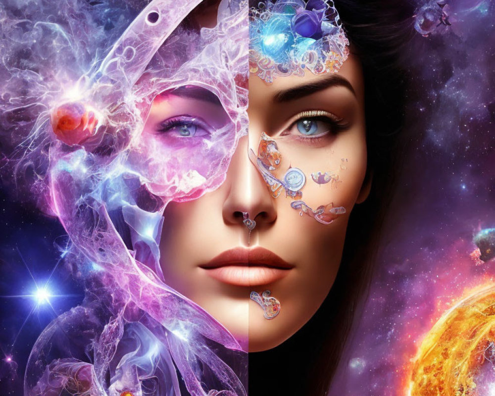 Split-image: Woman's face adorned with jewels merging into cosmic nebula.