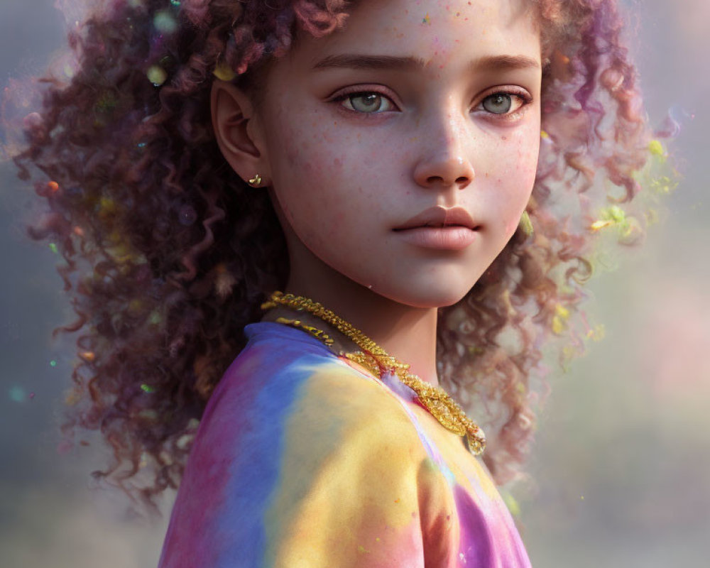 Young girl portrait with curly hair, freckles, green eyes, and colorful attire.