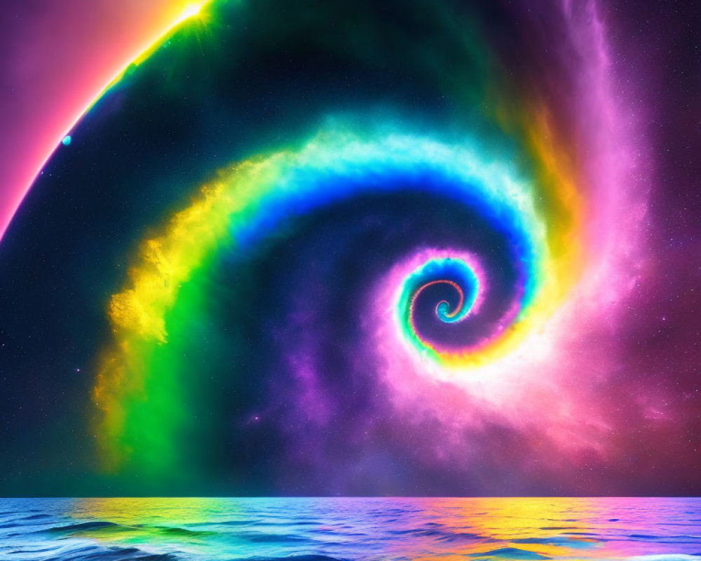 Neon cosmic spiral reflected in tranquil water