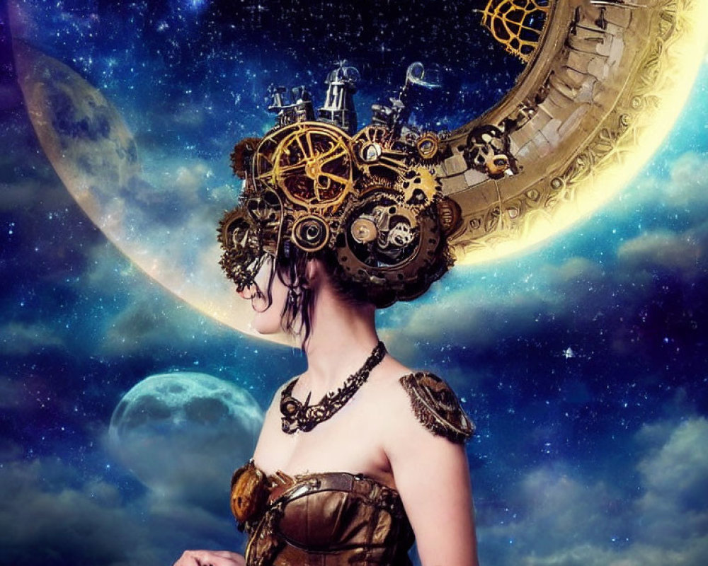 Profile of woman in steampunk headgear with cosmic background.