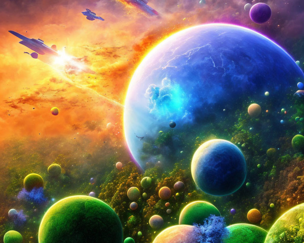 Colorful space scene with planets, spaceships, and nebula sky