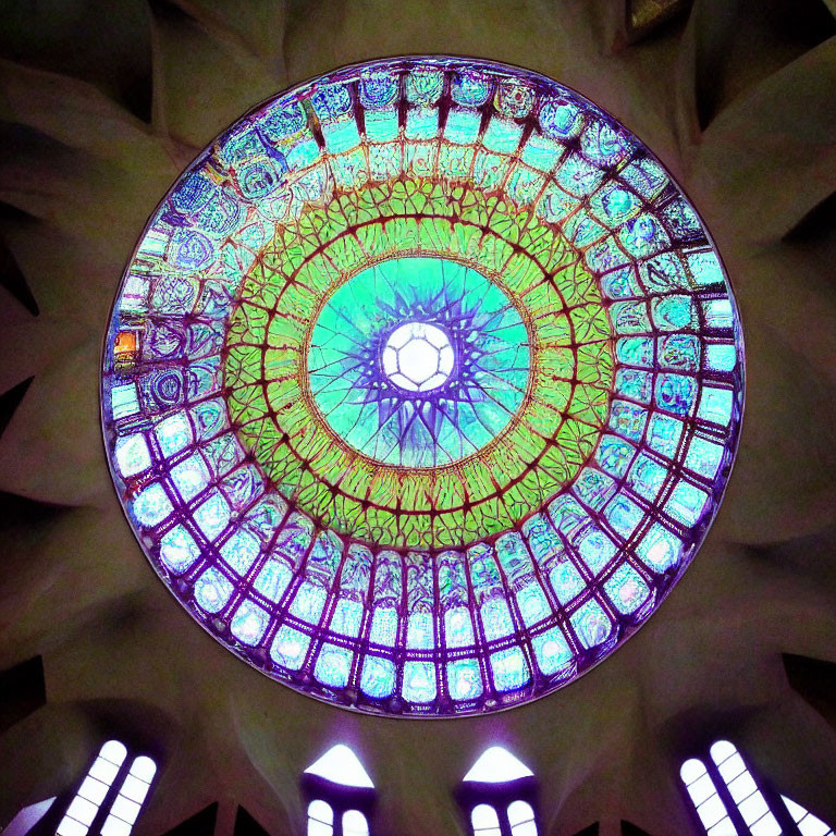 Circular stained glass window with geometric pattern and central motif casting colorful light in room with arched openings