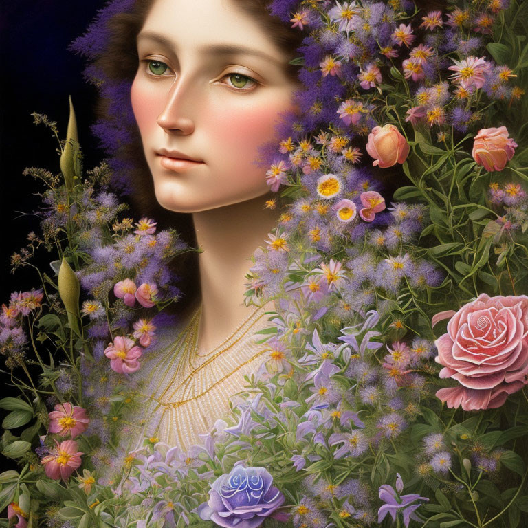 Woman in serene pose with vibrant flowers and soft features